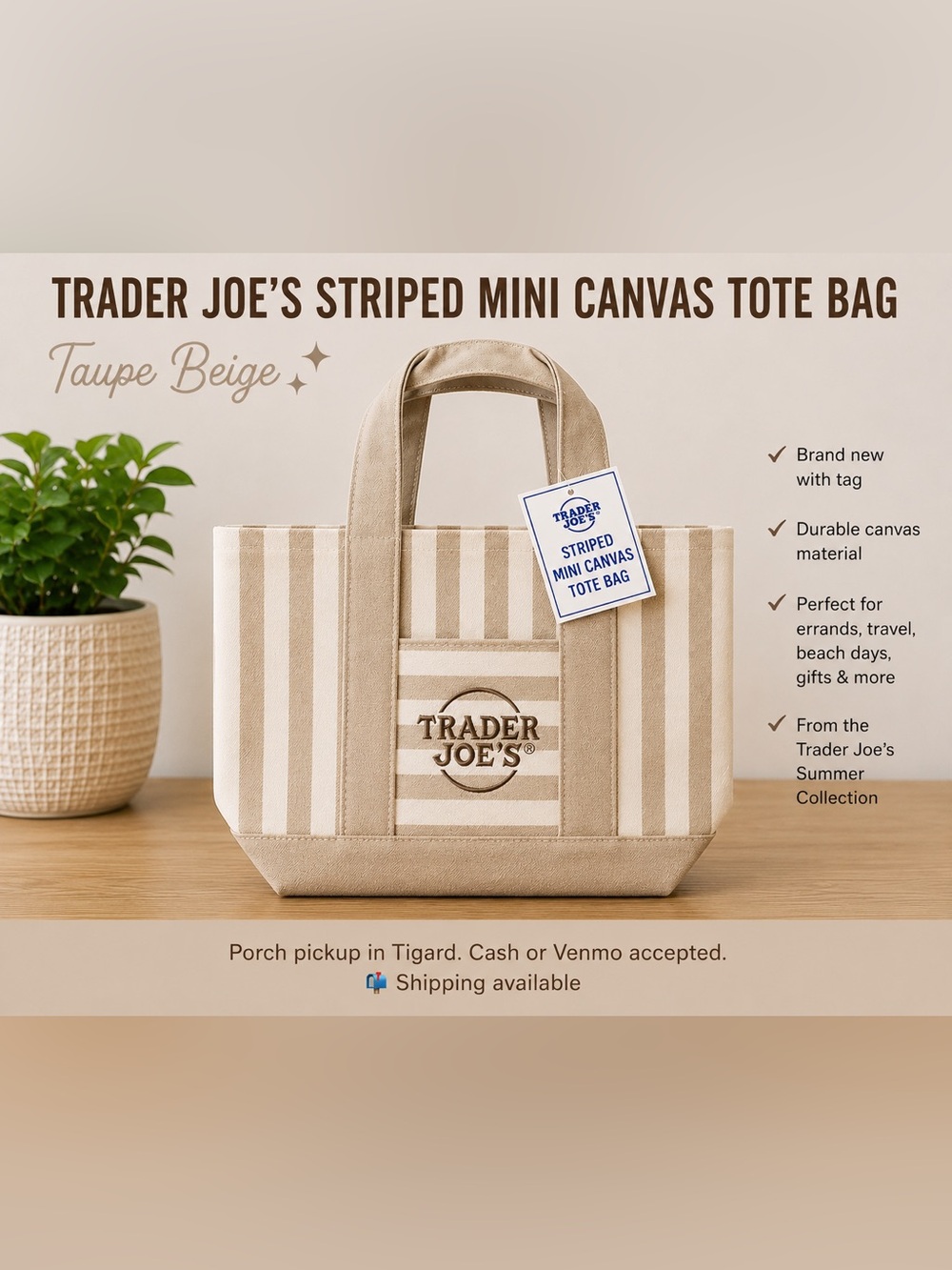 💛 Trader Joe’s Summer Mini Canvas Tote Bag – Tan – NWT